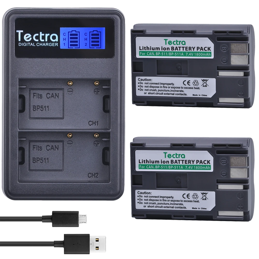 

Tectra 2PCS BP-511 BP-511A BP 511 Li-ion Battery +LCD USB Dual Charger for Canon G6 G5 G3 G2 G1 EOS 300D 50D 40D 30D 20D 5D