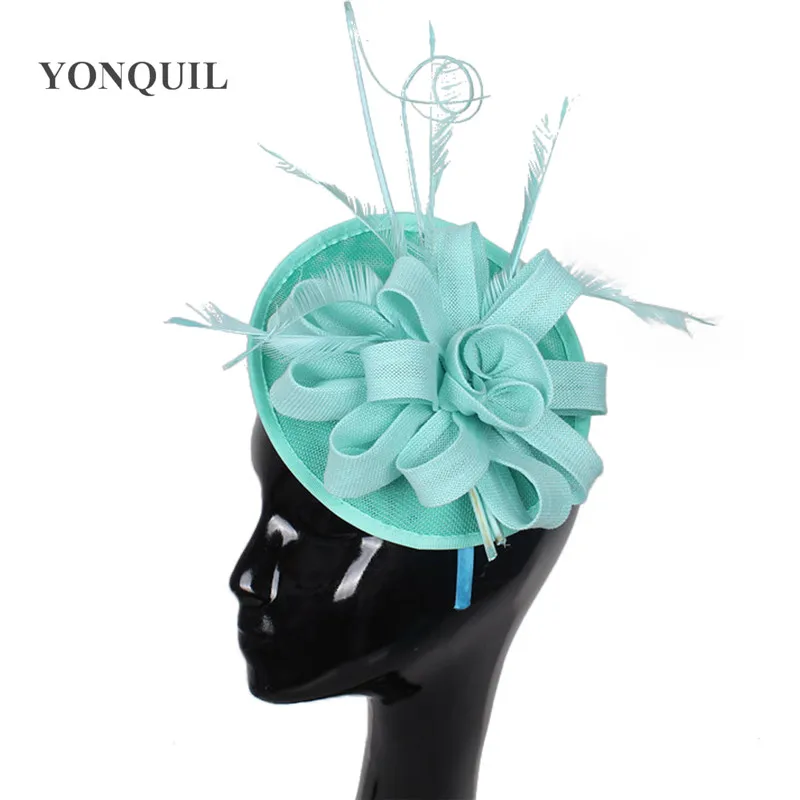 Emerald Green Fashion Hats Fascinators Imitation Sinamay Fascinators Hats Women Feather Wedding Hairbands Occasion Hat 16Colors