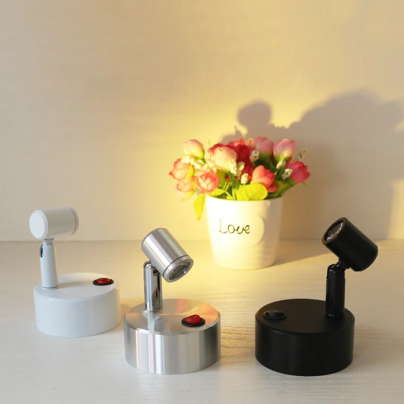 

3W LED Picture Spotlight Table Light Fixture Battery-Powered Lamp On/Off Button Cabinet Silver/Black/White Shell Cordless