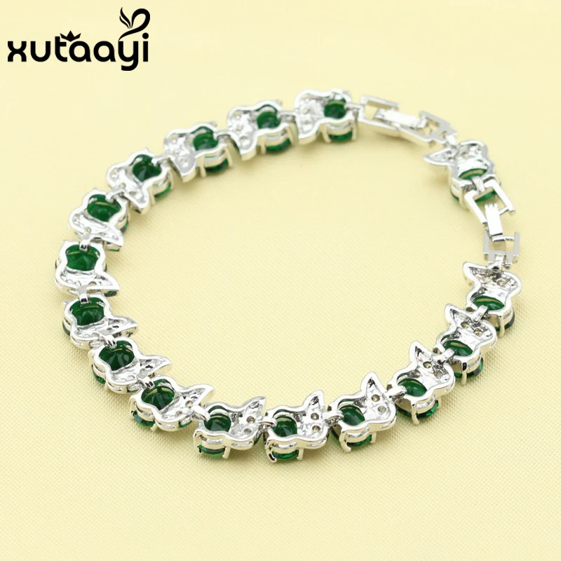 Hot Sell Fashion Silver Color Jewelry Green Imitated Emerald White Austrian Crystal Chain-Link Bracelet length 18+2cm For Women