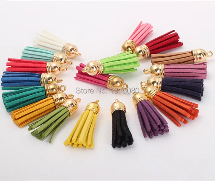 

100Pcs/lot 35mm Mixed Suede Leather Jewelry Tassel For Key Chains/ Cellphone Charms Top Plated End Caps Cord Tip FL19