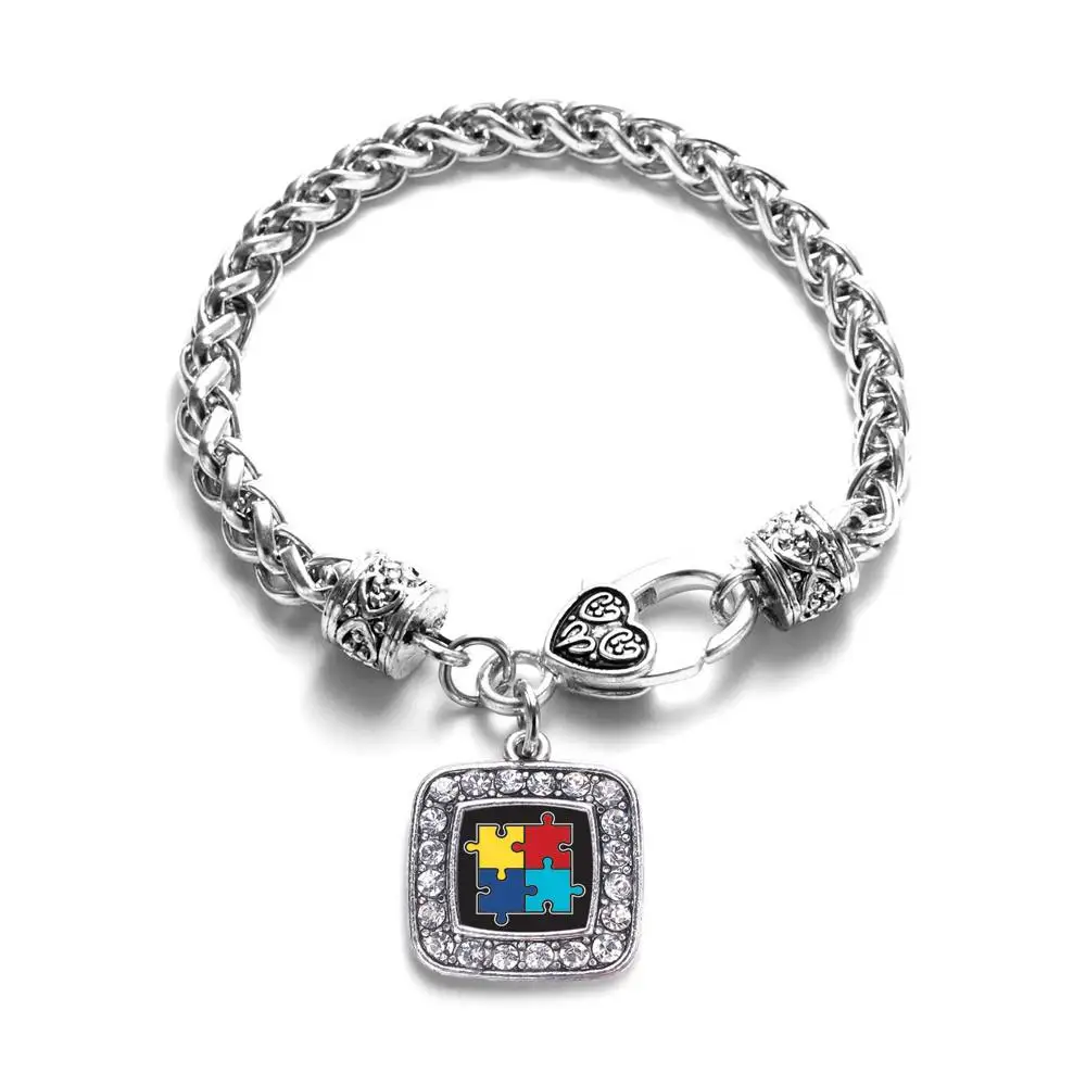 AUTISM AWARENESS JIGSAW SQUARE CHARM ANTIQUE SILVER PLATED CRYSTAL JEWELRY