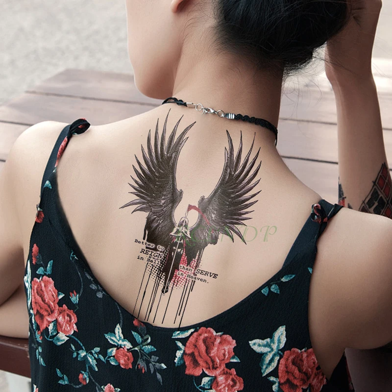 กันน้ำชั่วคราว Tattoo สติกเกอร์ Grim Reaper Hell Wing Dark Angel Tattoo Flash Tattoo Fake รอยสักบนแขนกลับสำหรับชายผู้หญิง