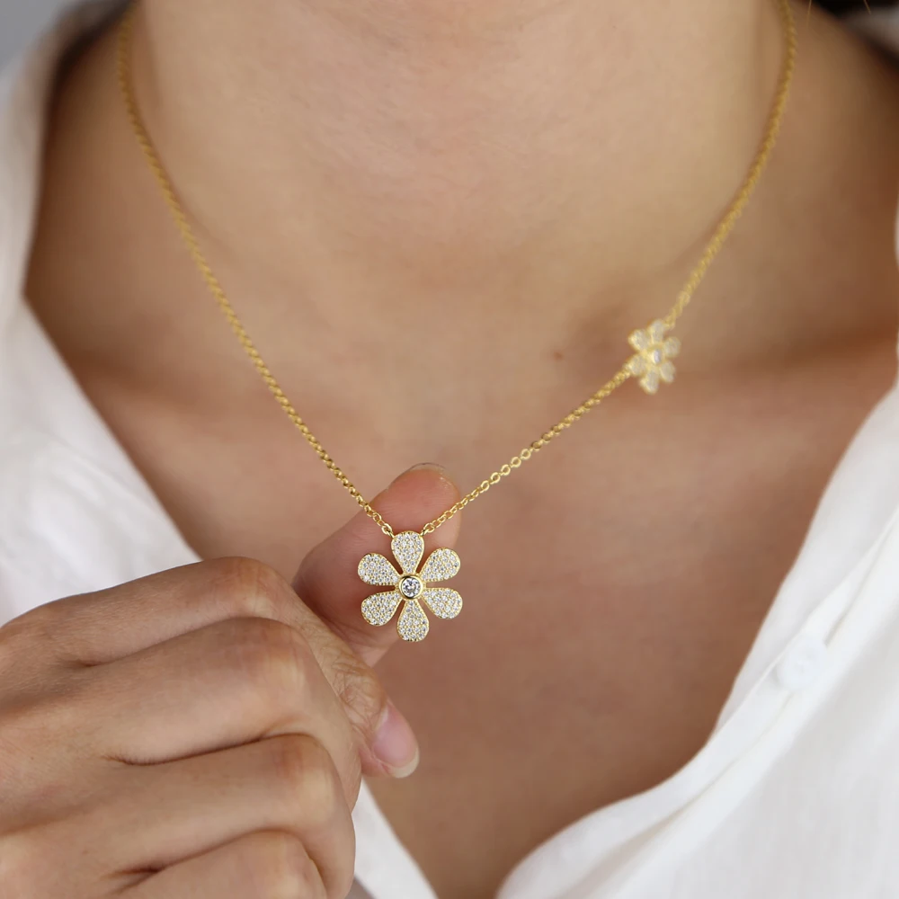 Double daisy flower necklace beautiful fashion women jewelry micro pave cz flower charm chain collar view 4