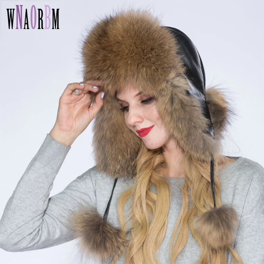 

WNAORBM Real Raccoon fur Hats For Women Keep Warm Hat Leather facing Fashion Design Protect Ears Young Lady Winter Hat