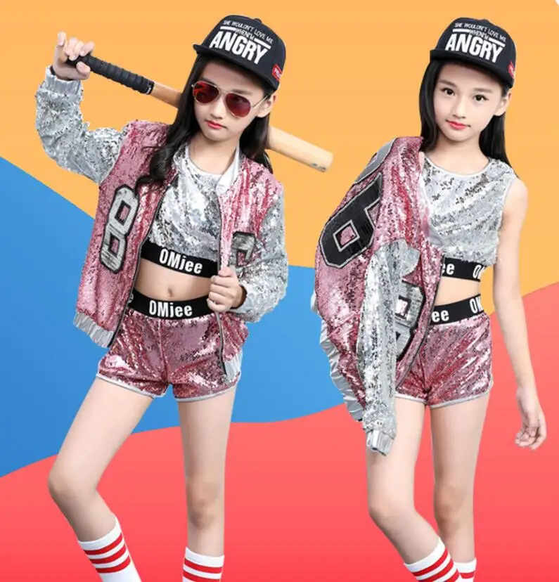 2019 Children Jazz Modern Dance Costume Kids Hip Hop Clothing Streetwear Sequin Hiphop Jacket T-shirt Jazz Dresses For Girls