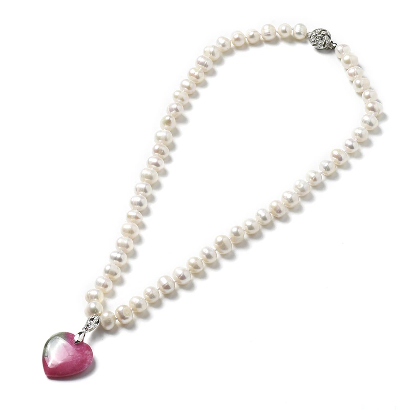 

8-9 MM Freshwater Natural pearl Necklace Has 25*24*6 MM Pink and grey Heart-shaped Pendant add Pure white small Pearl Beads