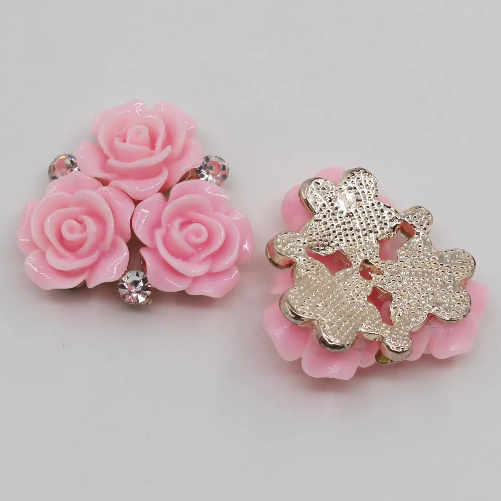 Resin Rose Flowers Button Oval Pink Golden Metal Wedding Bride Holding Flowers, Decorative Hair Accessories, Scrapbooking, 28mm