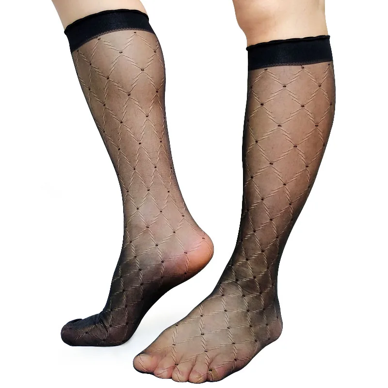 High Quality Mens Softy Nylon Silk Socks Transparent Plaid Sheer Sexy Gay Male Stocking Fetish Collection Tube Hose Stockings