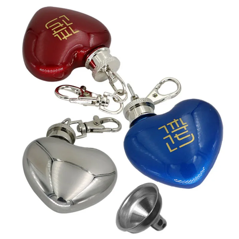 

10 Pcs / Lot Portable Mini Heart-shaped Bottle Key Chain alcohol flasks with funnel 1 oz Heart Stainless Steel honest hip flask