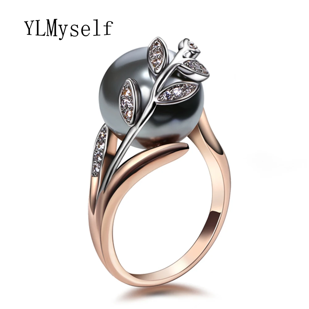 Trendy Hot Ring with Gray 12mm Simulated Pearl & Cubic zircon Women Jewelry Statement Leaf Finger Rings