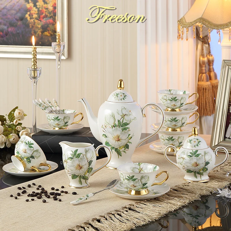 Camellia Bone China Coffee Set British Porcelain Tea Set Ceramic Pot Creamer Sugar Bowl Teatime Teapot Coffee Cup Mug Coffeeware