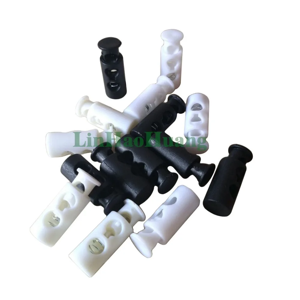 100pcs Black/White Plastic Toggle Spring Clasp Stop Single Hole Drawstring Rope Cord Locks Cordlock  For GarmentAccessories/Bags