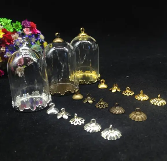 

50pcs 38*25mm tube glass globe flower base 8mm beads cap set glass bottle vial pendant necklace glass cover dome jars finding