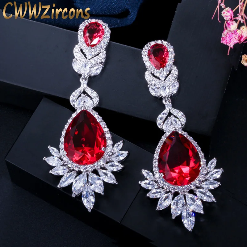 CWWZircons Beautiful Queen Fancy Red Cubic Zirconia Long Bridal Wedding Big Drop Marquise Earrings Brides Jewelry Gift CZ056