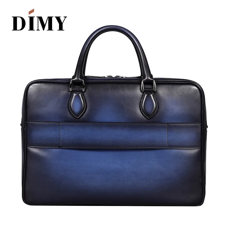 DIMY Hand Patina Vintage Briefcase Genuine Cow Leather Shoulder Bag Double Zipper Laptop Bags Business Case Travel Bag For Men