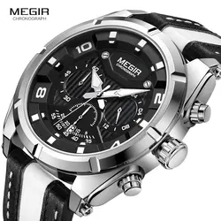 MEGIR Fashion Men's Chronograph Quartz Watches Leather Strap Luminous Hands 24-hour Sports Analogue Wristwatch for Man 2076White