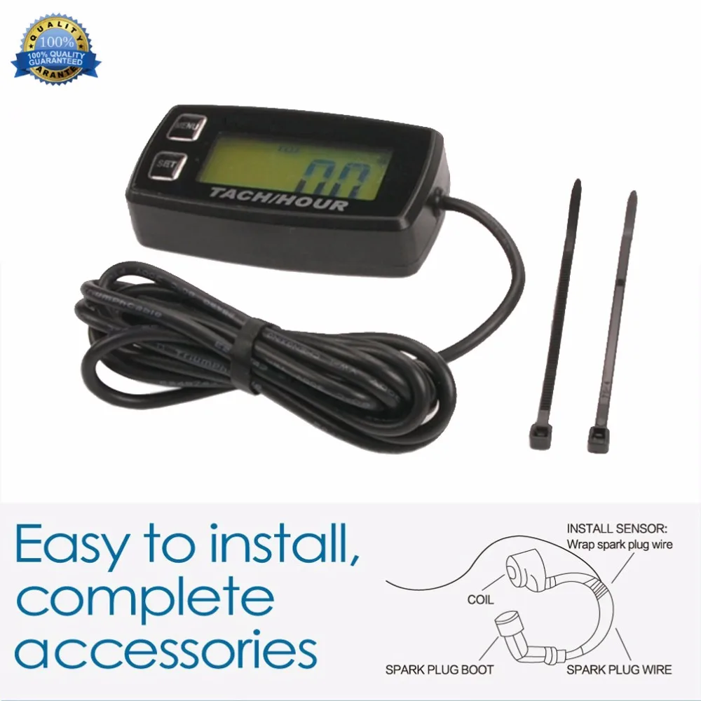 Engine Hour Meter Inductive Tachometer Gauge Backlit Digital Resettable for 2/4 Stroke Engines Motorcycle Marine Glider ATV