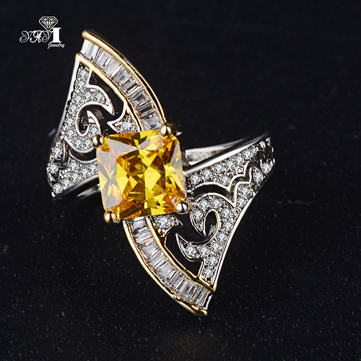 YaYI Fine Jewelry Fashion Princess Cut Yellow Topaz Gemstones Zircon Silver Color Engagement Wedding Heart Party Rings Gifts