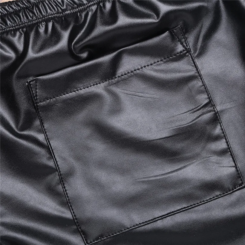 Men\'s Shiny Faux Leather Hot Boxer Short Pants with a Back Pocket Fashion Black Elastic Waistband Wetlook Stretchy Shorts