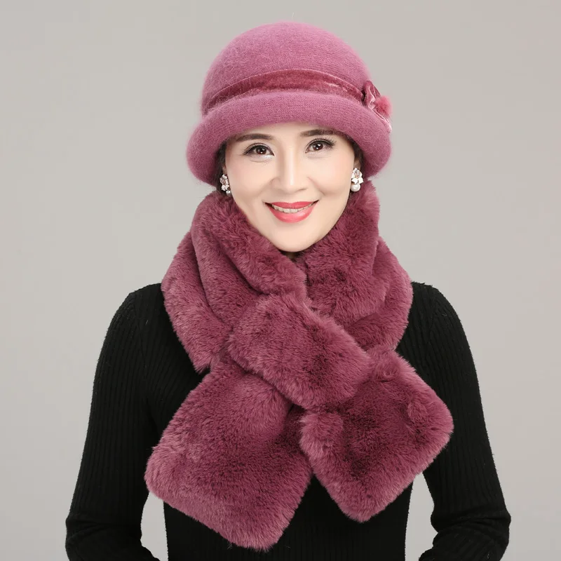 Women Winter Knitted Wool Basin Hat Female Thickened Warm Fisherman Cap Lady Velvet Elegant Scarf for Middle-aged Mother H7158