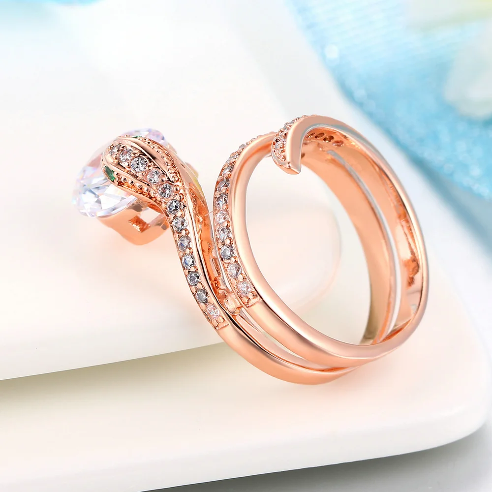 Double Fair Snake Shape Clear Green Cubic Zirconia Finger Rings Rose Gold Color Fashion Punk Style Jewelry For Women DFR271