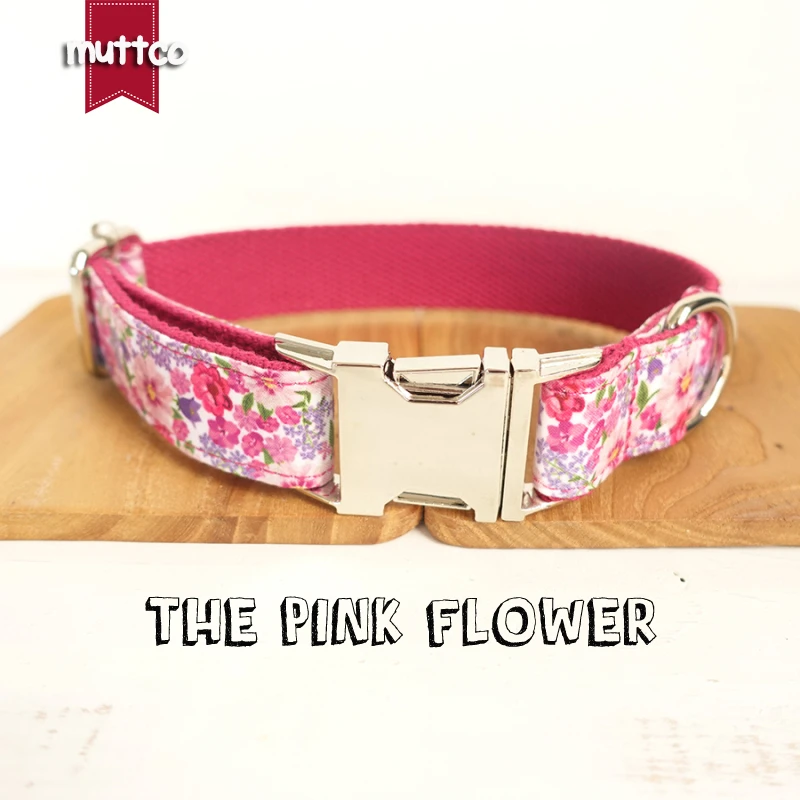 MUTTCO retailing handmade particular colorful collar THE PINK FLOWER fashionable glossy dog collars and leashes 5 sizes UDC048