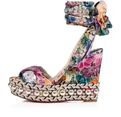 Carpaton Fashion Flower Printed Lace-up Wedge Sandals Woman Sexy Open Toe Rivets Studded Platform Heels Summer Gladiator Shoes