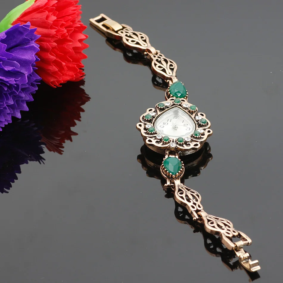 Sunspicems Vintage Turkish Green Resin Charm Bracelets Watch For Women Spring Flower Jewelry Quartz Watch Antique Bronze Color