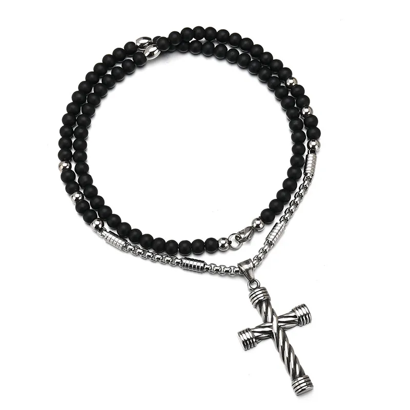 Stainless Steel Cross Pendant Necklace Silver Color Stainless Steel Chain Black Stone Strand Beads Necklaces Ethnic Jewelry Men