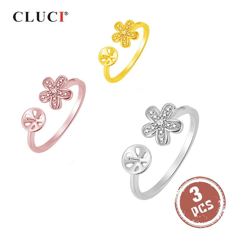 

CLUCI 3pcs 925 Sterling Silver Rose Gold Ring for Women Silver 925 Pearl Ring Mounting Adjustable Flower Ring SR2105SB