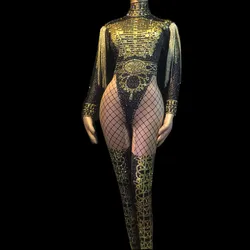 Women's Luxury Outfit Dance Stage Show Nightclub Costume Singer Jumpsuits Wear Glisten Black Gold Crystals Bodysuit with Tassel