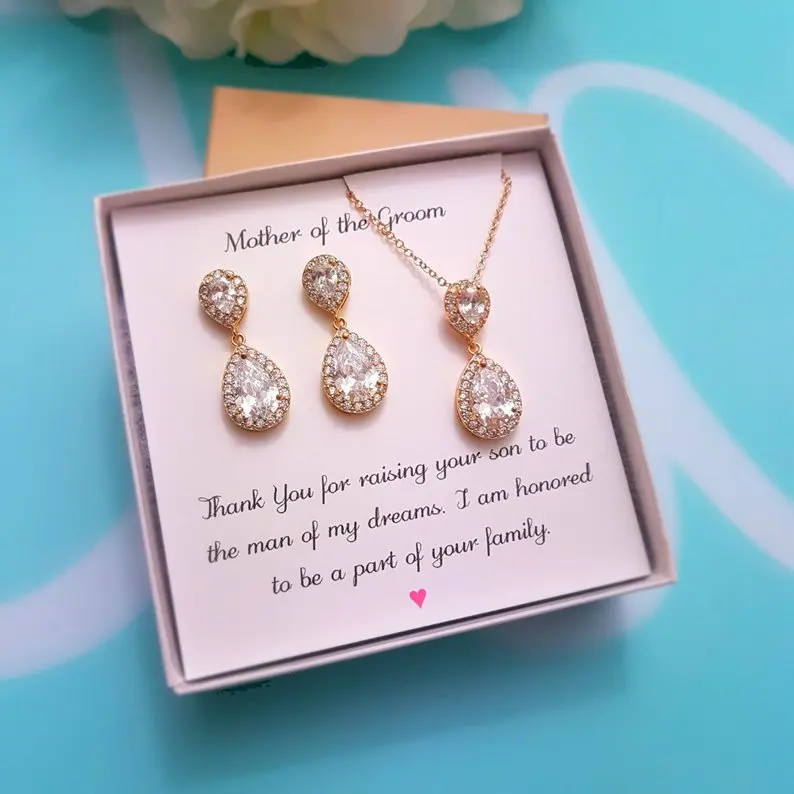 Customize crystal Tear Drop Earrings necklace wedding bridesmaid Mother of the Groom Bride Gifts,  Mother in law Jewelry sets