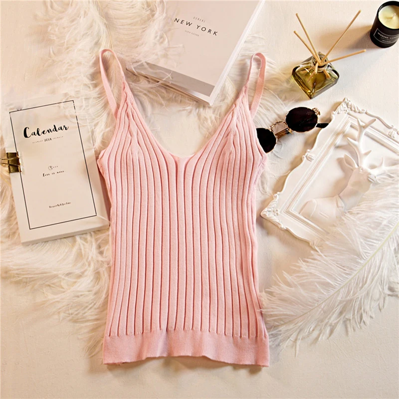 Summer Tank Tops Women's Knitted Solid Color V Neck Crop Tops Cami Camisole Female Camisas Mujer Hot Sale