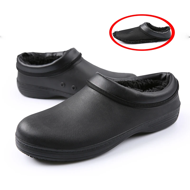 EAV plus velvet chef shoes Non-slip Waterproof Oil-proof Black winter Kitchen warm shoes Hotel Restaurant cook Safety work shoes