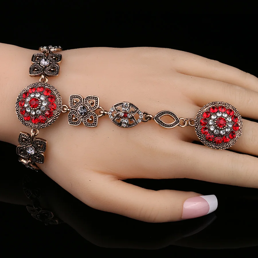 Boho Red Crystal Flower Finger Ring Bracelet Vintage Antique Gold Hand Harness Bracelets For Women Indian Wedding Jewery