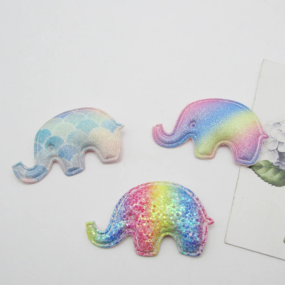 50pcs/100pcs/lot glitter rainbow cartoon Elephant padded applique Crafts for headwear clip bands decorate DIY accessories 5.5*3