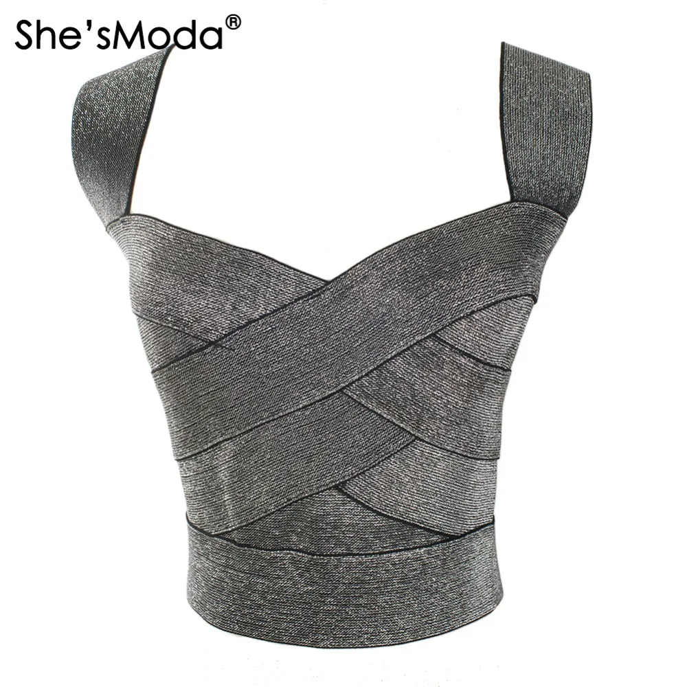 She'sModa Bandage Bling Gold Silver Slim Sleeveless Strapes Women's Spandex Club Party Tank Camis Vest