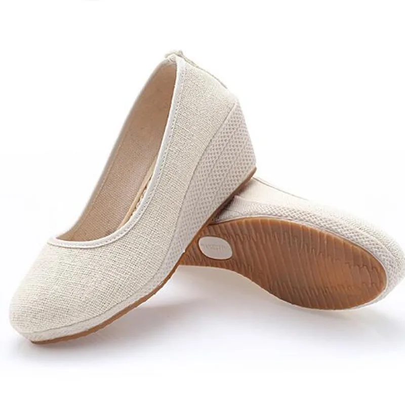 Women\'s Pure Color Vintage Hemp Wedge Pumps Round Toe Casual Lady Mid Heel Walking Shoes Slip-on Closed Toe Espadrilles