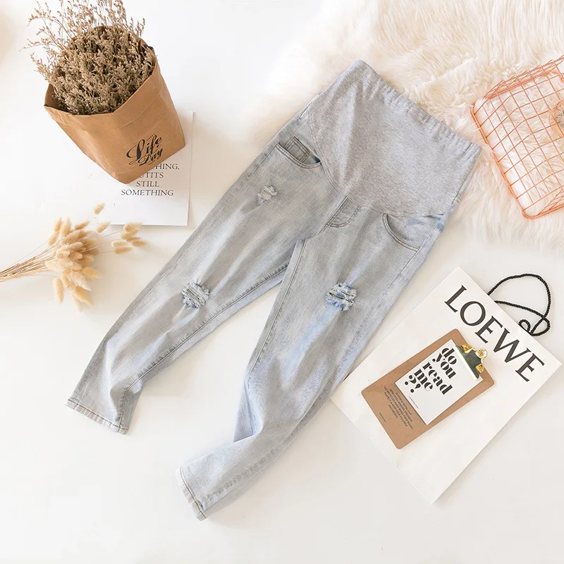 Denim broken ladies pants Maternity Jeans overalls Harem pants For Pregnant Women Clothes Light color Pregnancy Maternal clothes