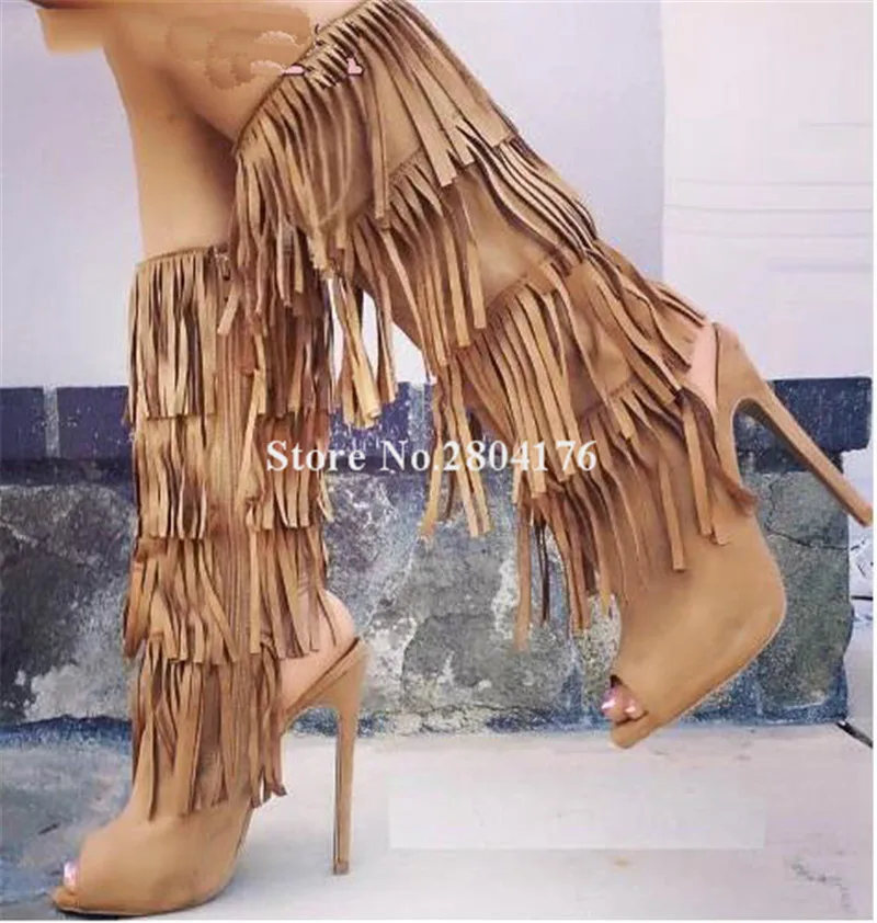 

Brand Fashion Women Peep Toe Suede Leather Mid-calf Tassels Thin Heel Gladiator Boots Cut-out Fringes High Heel Boots