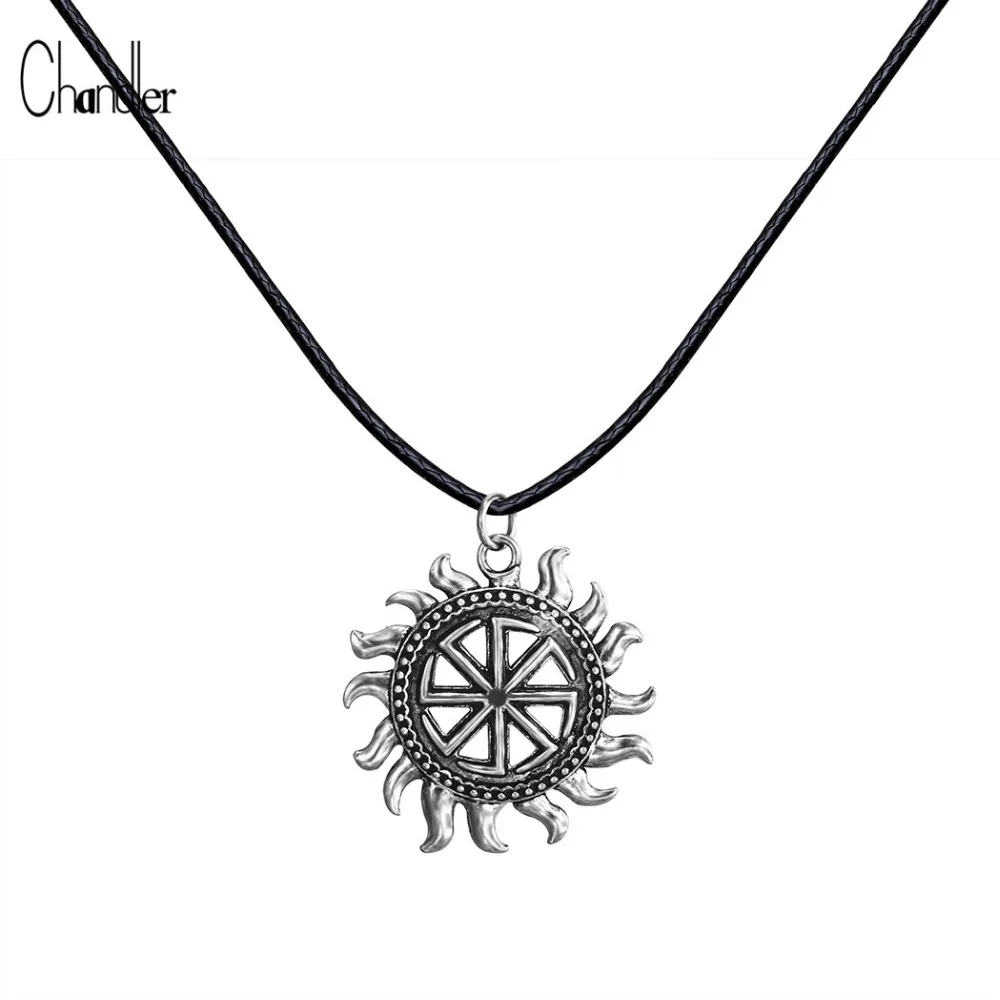 Son of Sun Sloar Kolovrat Slavic Amulet Pendant Necklace Black Leather Rope Chain Viking Male Jewelry For Boyfriend Gifts