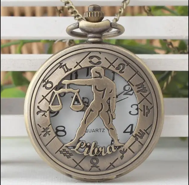 Constellation Stylish libra Design Pocket Watch Women Men Zodiac Pendant Necklace Chain Fashion Birthday Gift