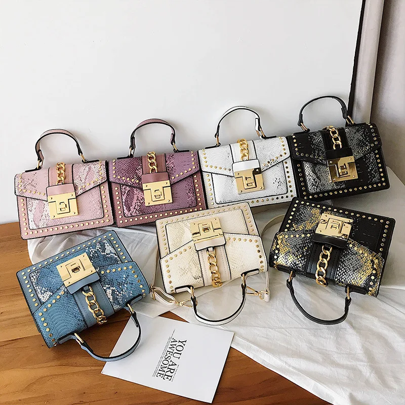 Women\'s Fashion Pu Leather Female Rivets Metal Lock Bag High Quality Shoulder Strap Bag Messenger Small Square Package 2019 New