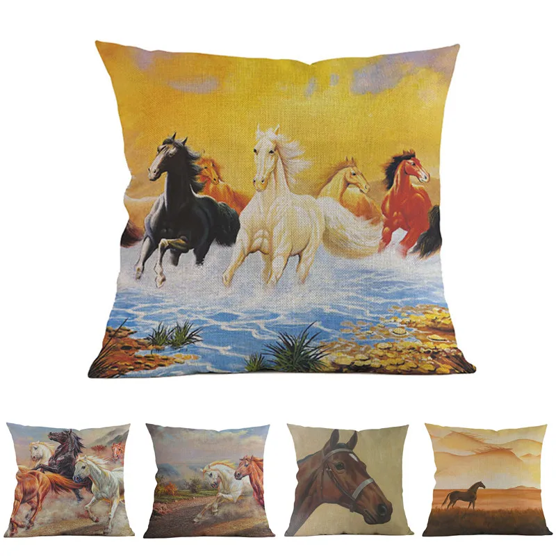 

Ручная цветная живопись в стиле лошади, декоративная наволочка для дивана, картина маслом, хлопок и лен, наволочка cojines