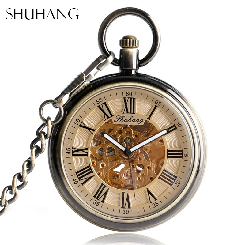 SHUHANG Pocket Watches with Fob Chain Luxury Antique Style Auto Mechanical Nursing Clock Self Winding Pendant Relogio De Bolso