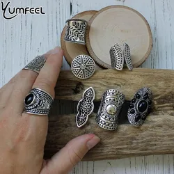 Yumfeel Vintage Boho Jewelry Rings Mixed Lot Tibetan Silver Plated Ring Bohemian Ring Women Vintage Jewelry