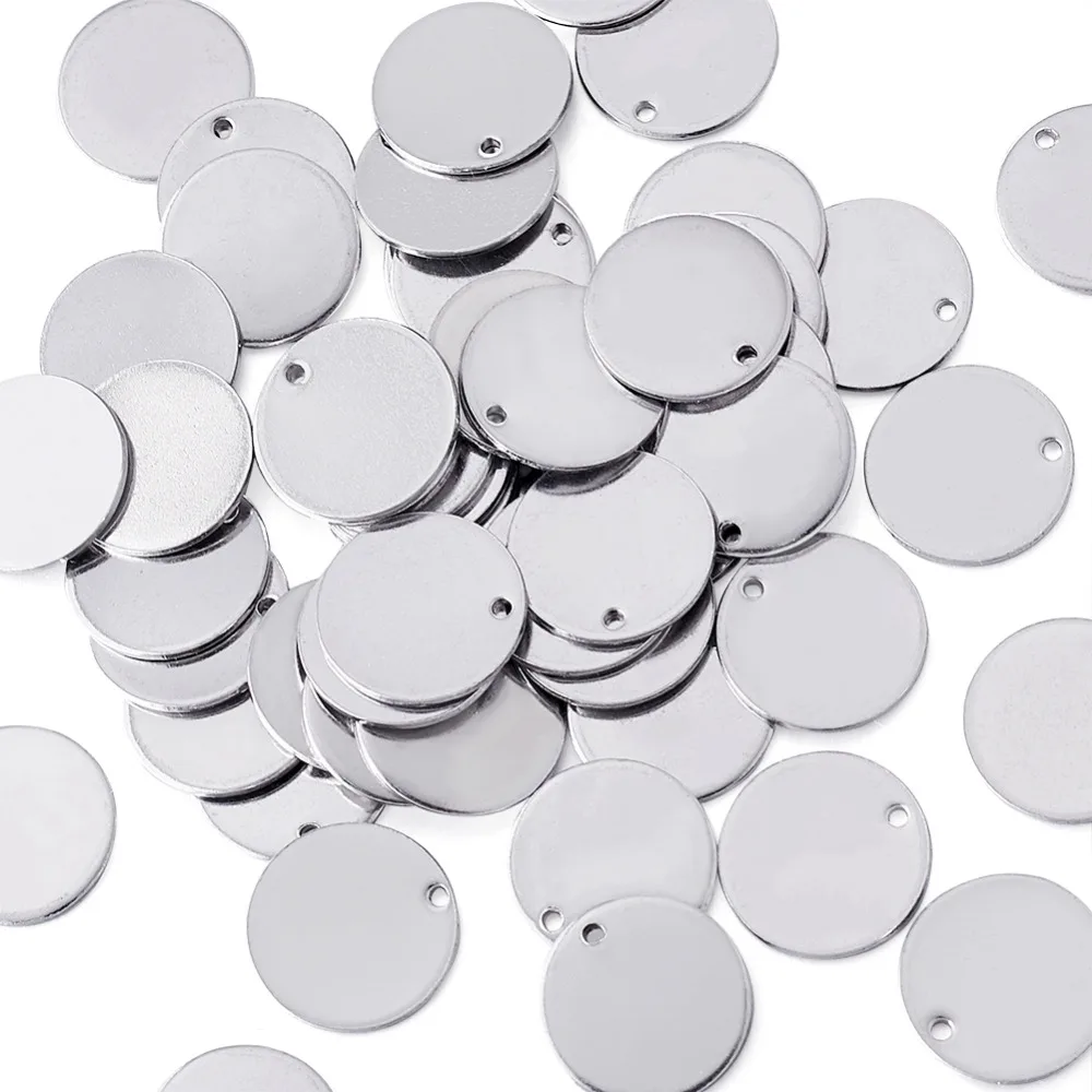 100pcs 15mm Stainless Steel Flat Round Charms Pendants Metal Blank Stamping Tags for Jewelry Smooth Surface Hole: 1mm