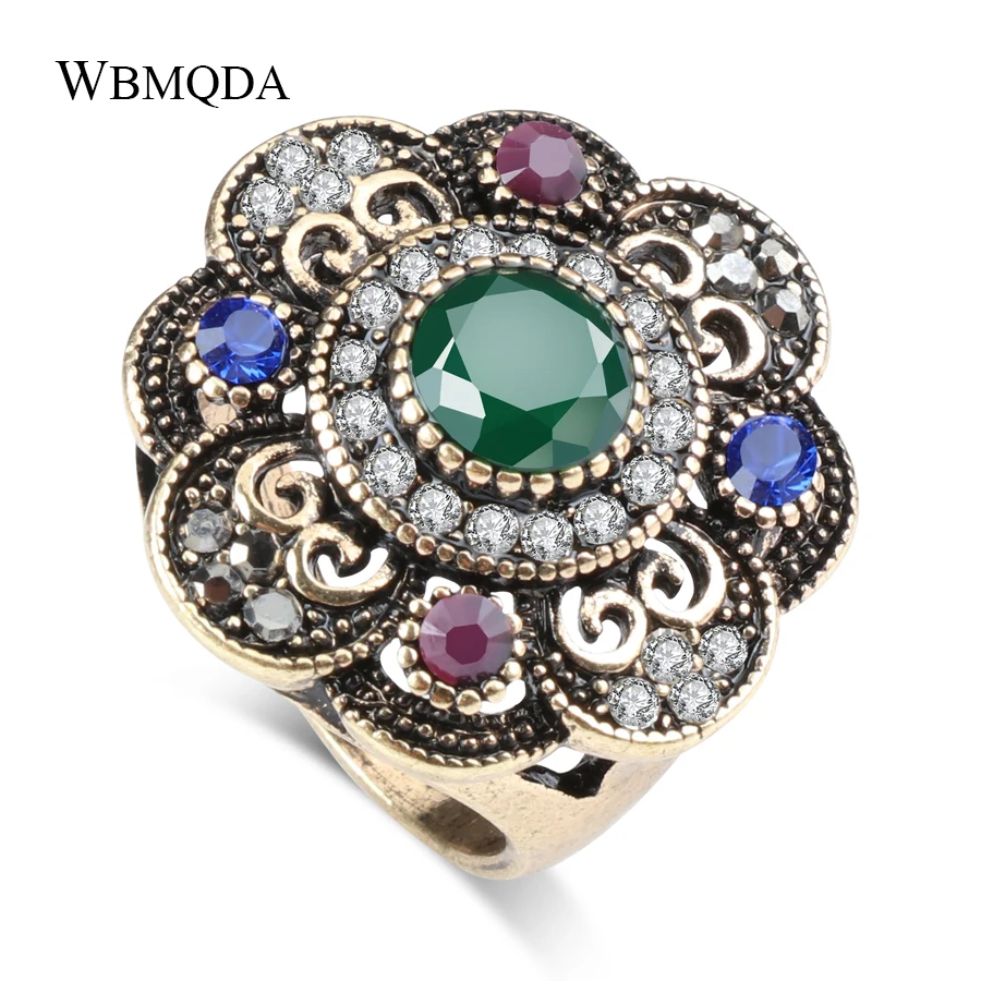 Turkish Antique Gold Crystal Flower Rings For Women Black Stone Silver Color Gothic Ring Vintage Accessories Bohemian Jewelry