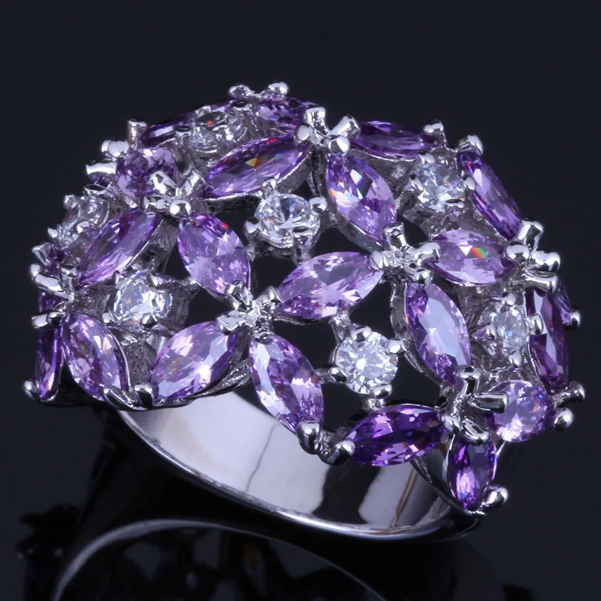 Adorable Purple Cubic Zirconia White CZ Silver Plated Ring V0495